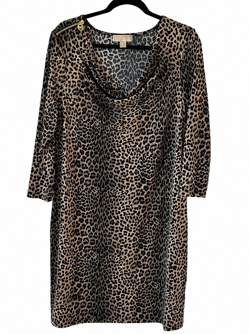 Michael Kors Leopard Print Dress XL Cowl Neck Animal Print 3/4 Sleeve